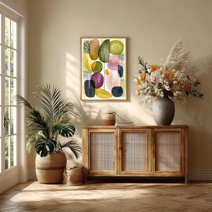Geometric Mid Century Poster, Green Purple Illustration, Retro Wall Art