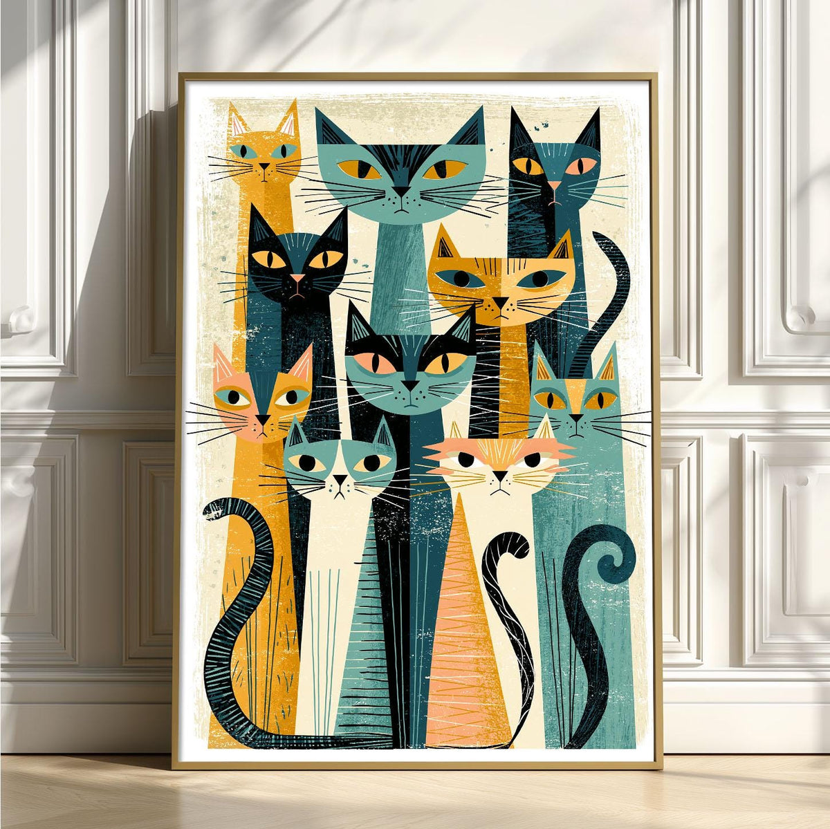 Cats Mid Century Poster, Retro Cat Illustration, Cat Lover Art Print