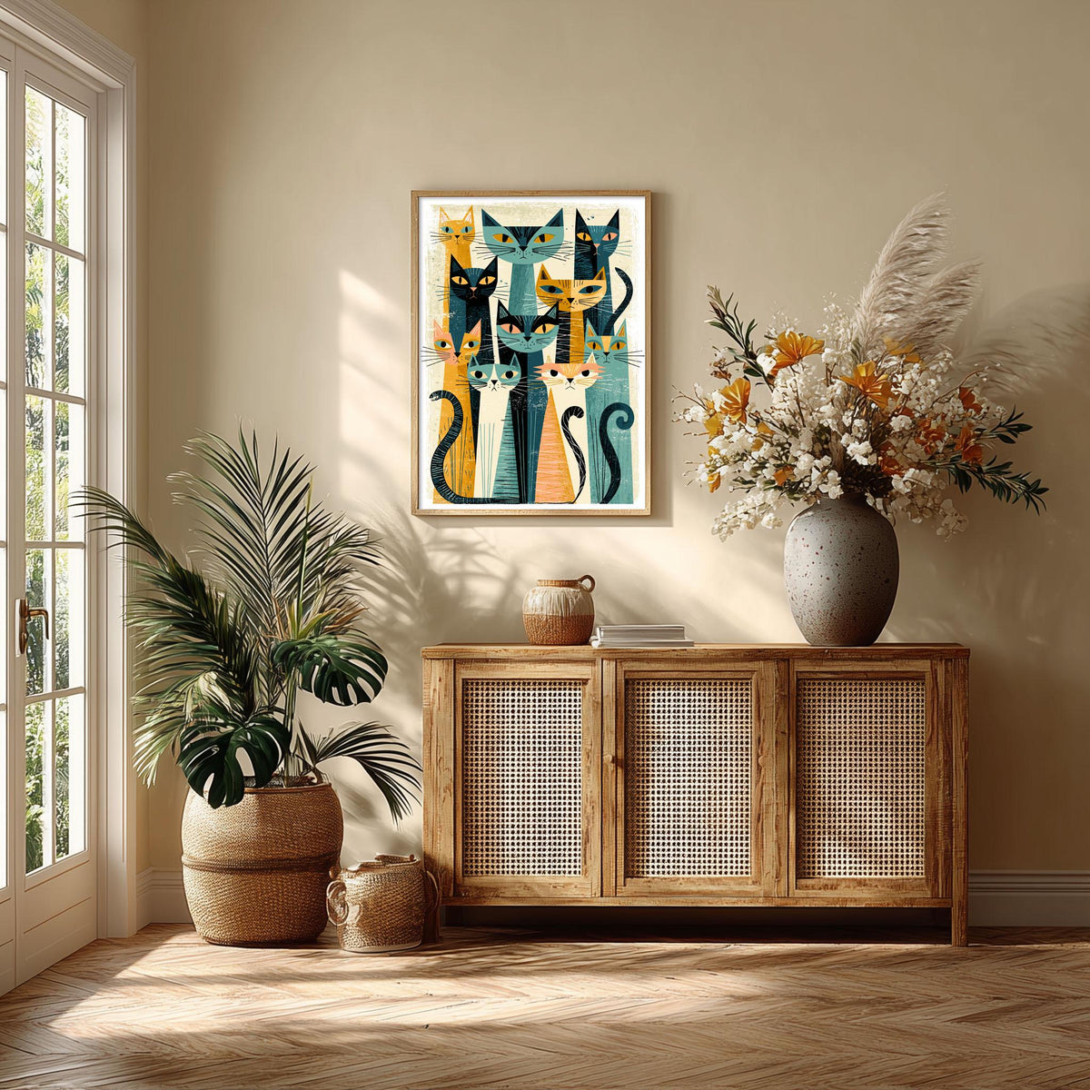 Cats Mid Century Poster, Retro Cat Illustration, Cat Lover Art Print