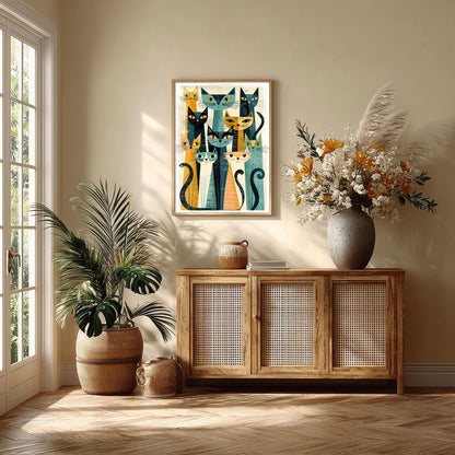 Cats Mid Century Poster, Retro Cat Illustration, Cat Lover Art Print