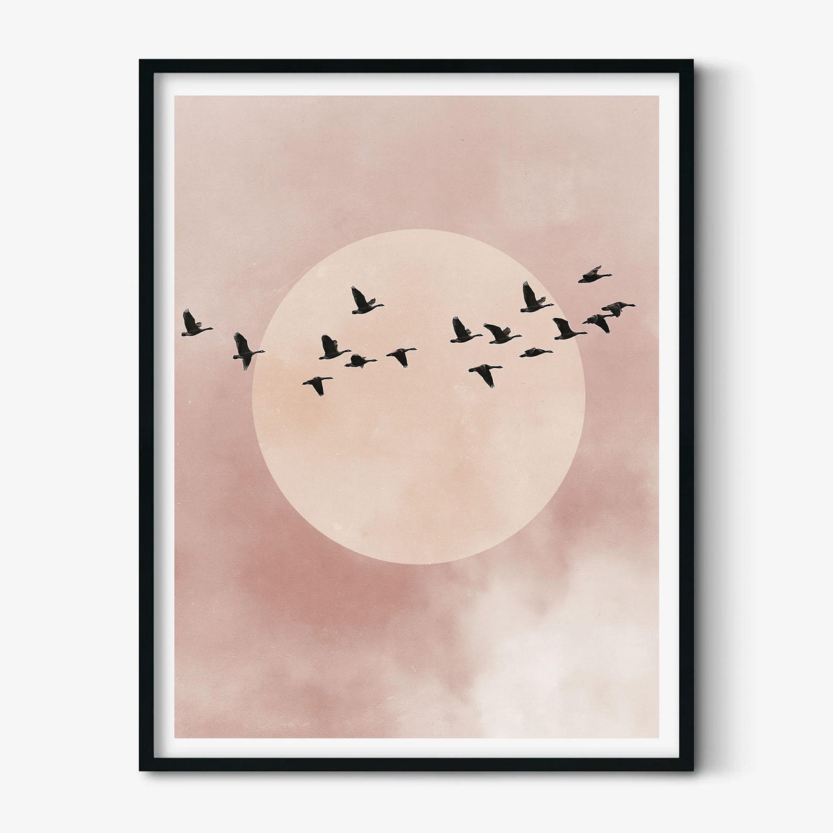 Flying Birds Minimalist Poster, Pink Moon Illustration, Soft Sky Art Print