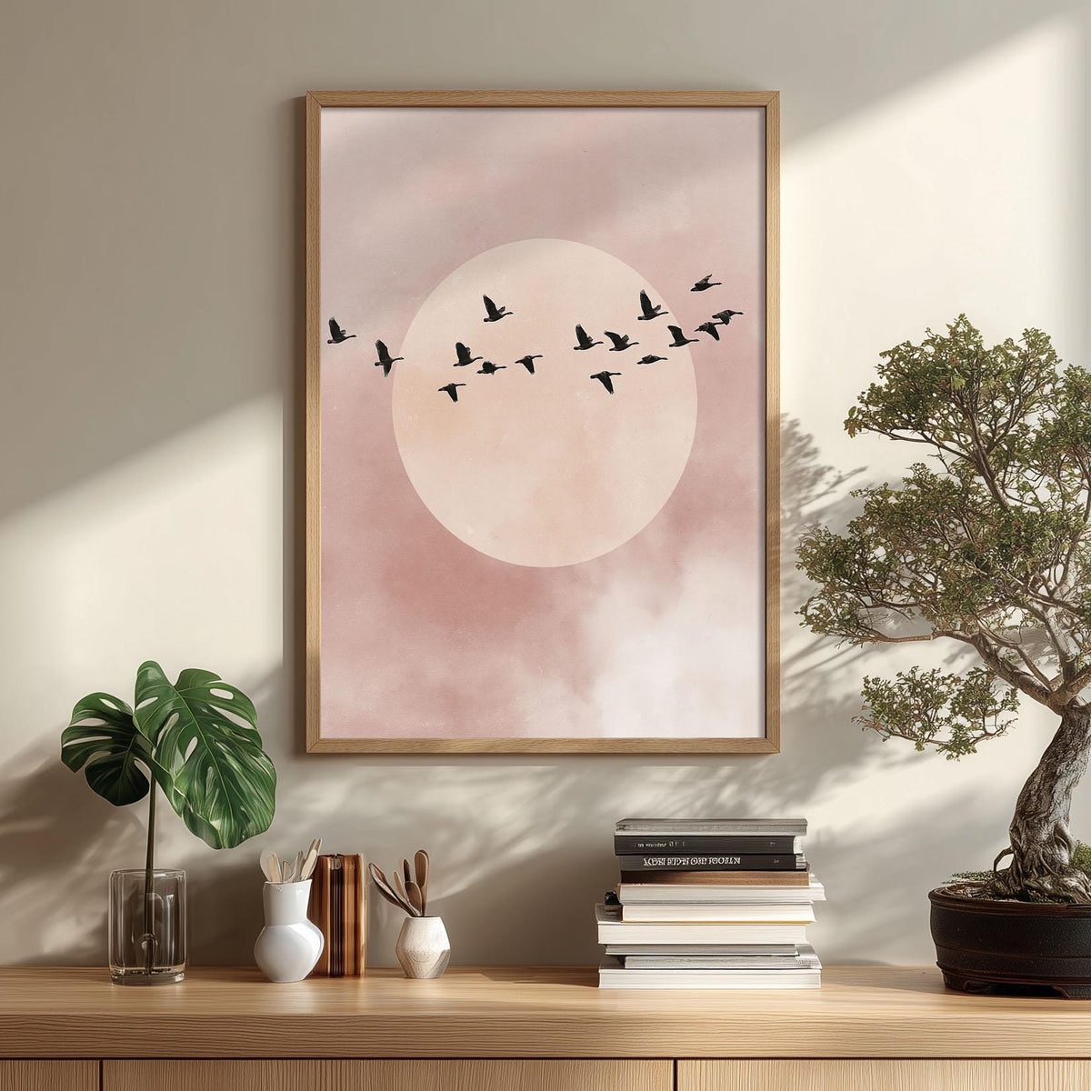 Flying Birds Minimalist Poster, Pink Moon Illustration, Soft Sky Art Print