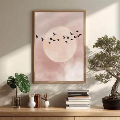 Flying Birds Minimalist Poster, Pink Moon Illustration, Soft Sky Art Print