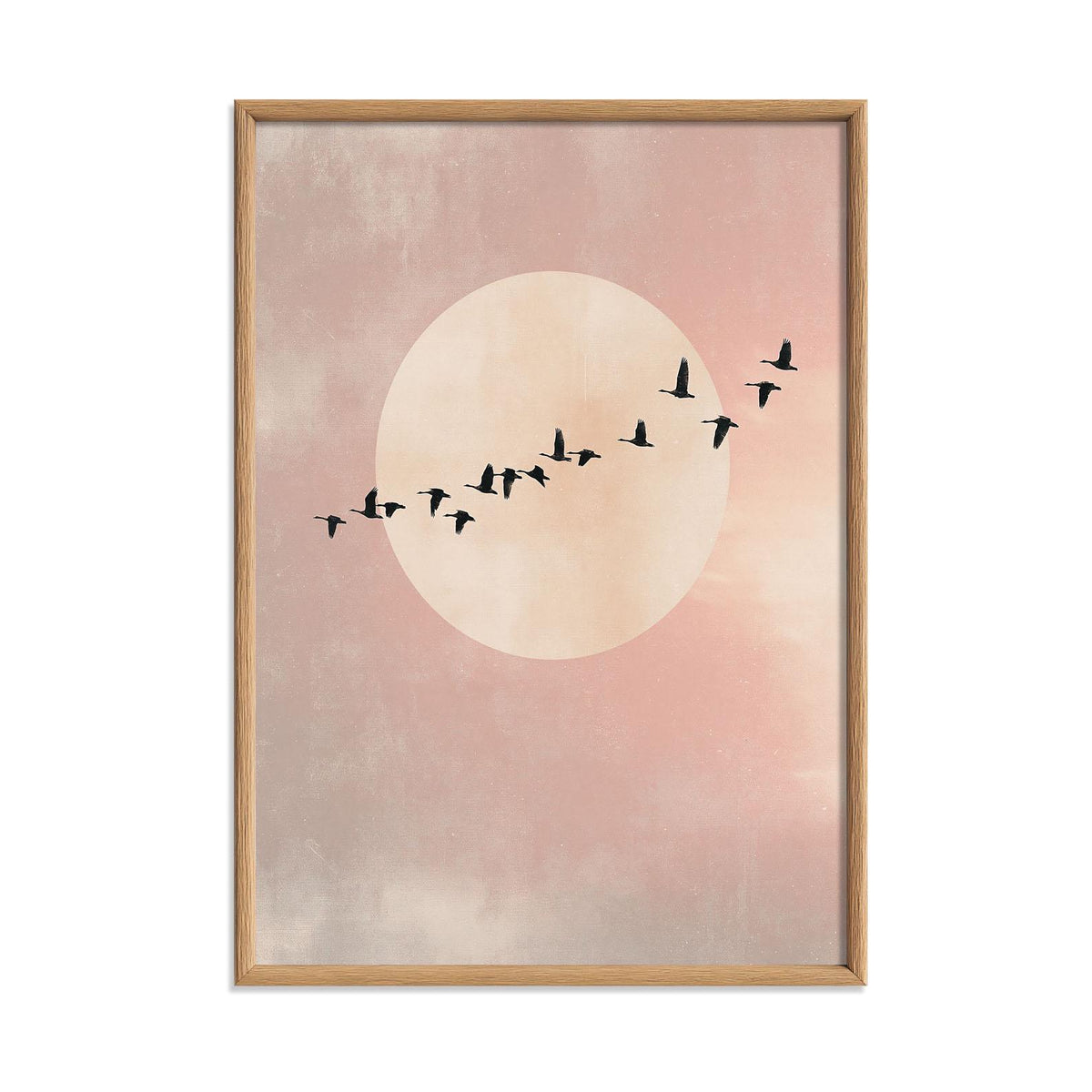 Flying Birds Minimalist Poster, Pink Moon Wall Art, Soft Sky Picture Print