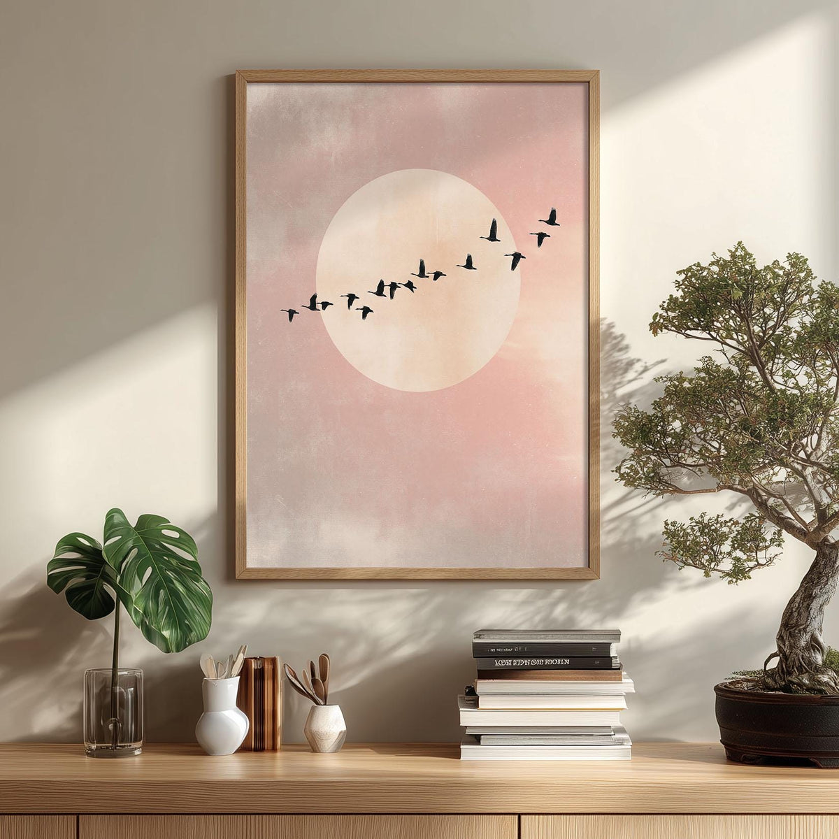 Flying Birds Minimalist Poster, Pink Moon Wall Art, Soft Sky Picture Print