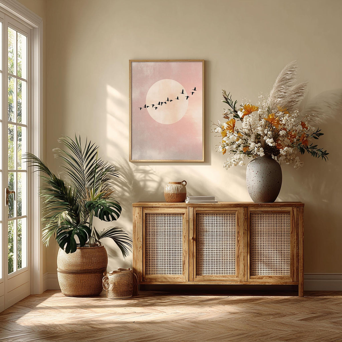 Flying Birds Minimalist Poster, Pink Moon Wall Art, Soft Sky Picture Print