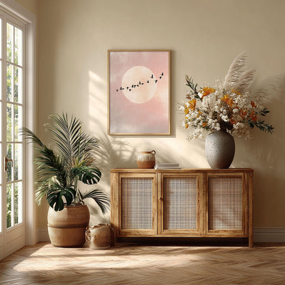 Flying Birds Minimalist Poster, Pink Moon Wall Art, Soft Sky Picture Print