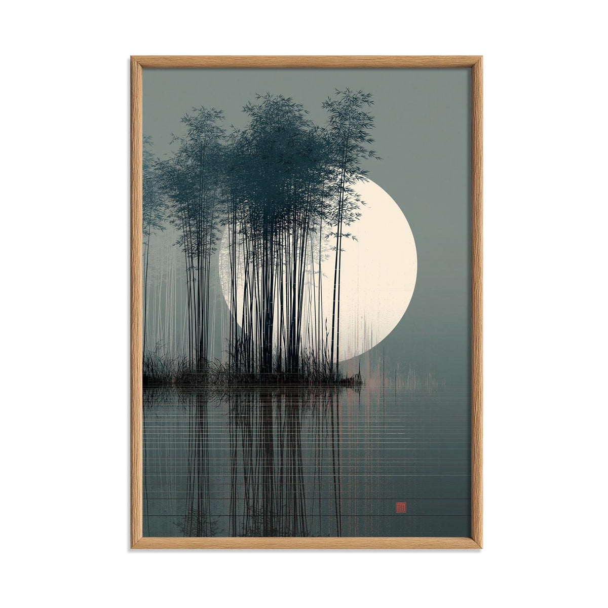 Bamboo Moon Japanese Poster, Misty Bamboo Illustration, Zen Wall Art