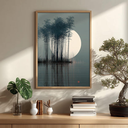 Bamboo Moon Japanese Poster, Misty Bamboo Illustration, Zen Wall Art