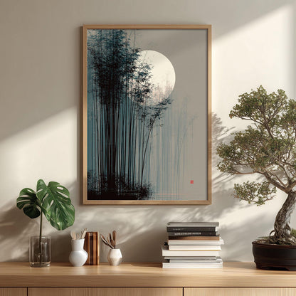 Japanese Bamboo Moon Print, Misty Bamboo Illustration, Zen Poster