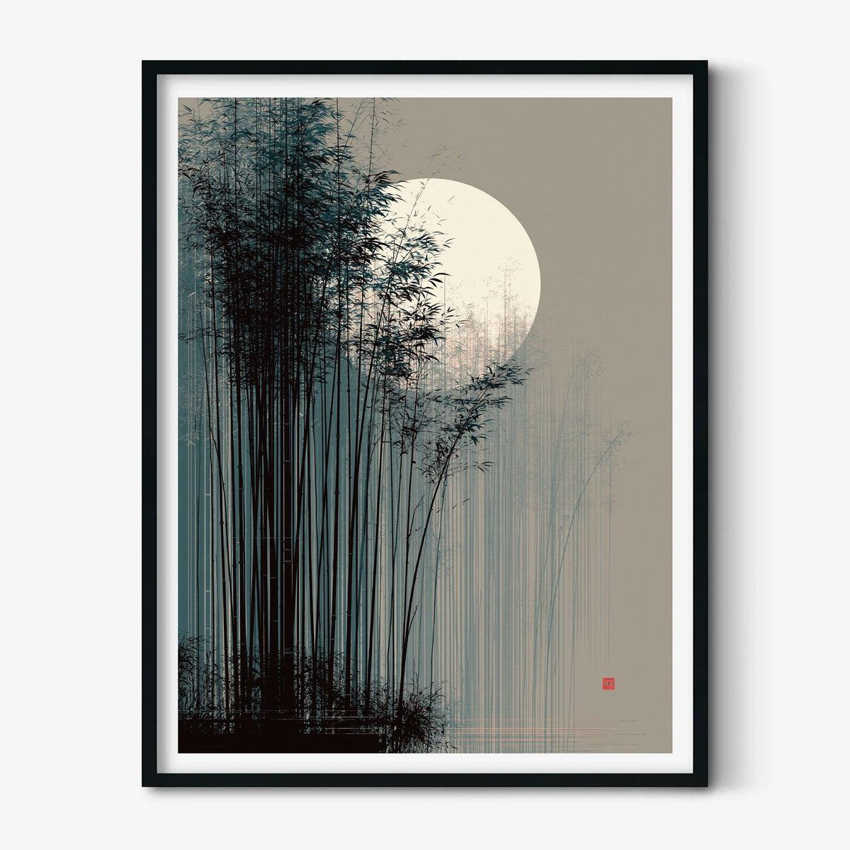 Japanese Bamboo Moon Print, Misty Bamboo Illustration, Zen Poster