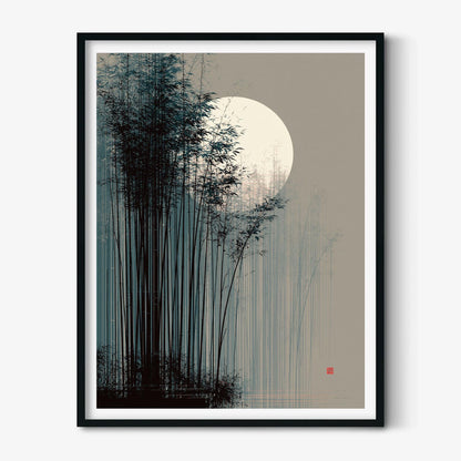 Japanese Bamboo Moon Print, Misty Bamboo Illustration, Zen Poster
