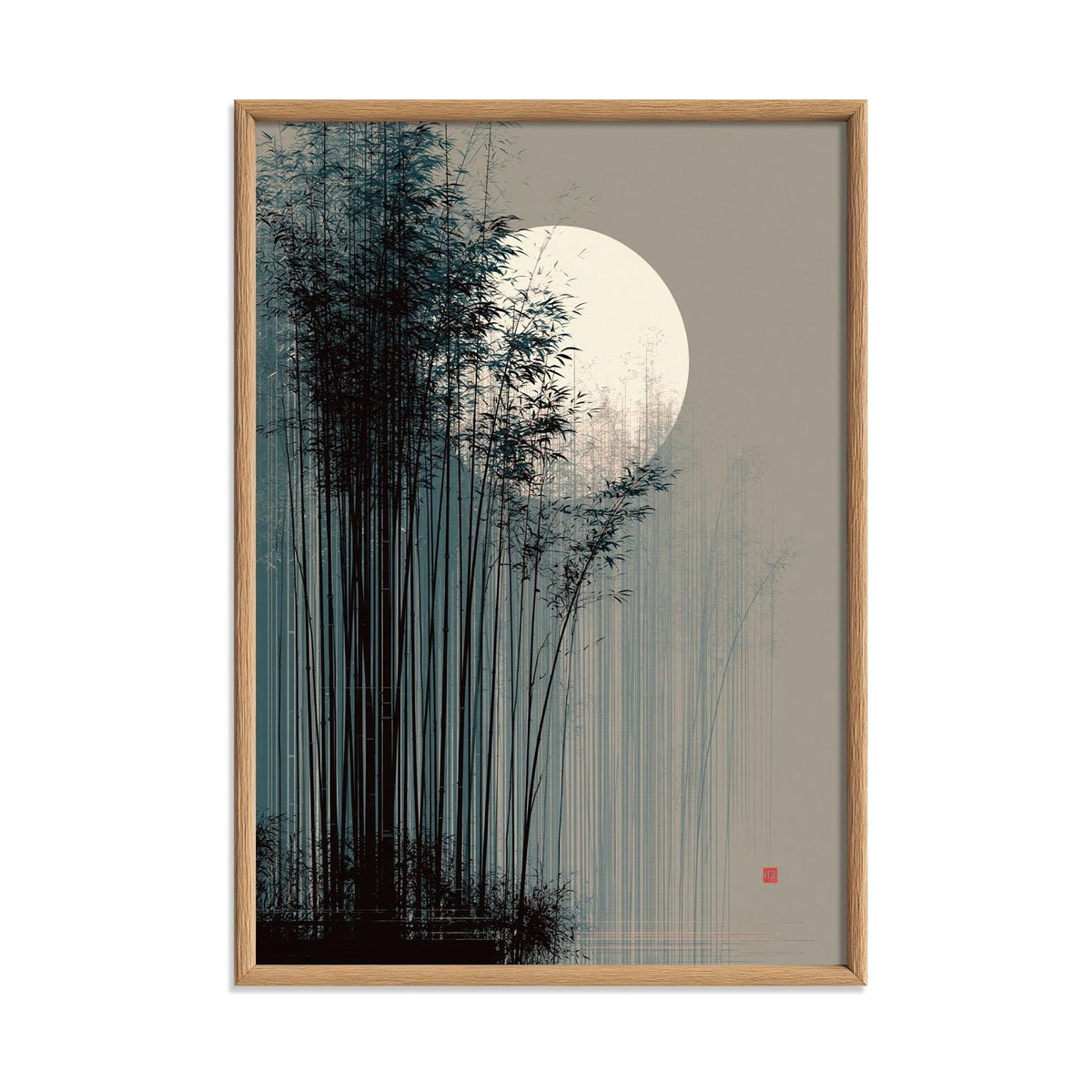 Japanese Bamboo Moon Print, Misty Bamboo Illustration, Zen Poster