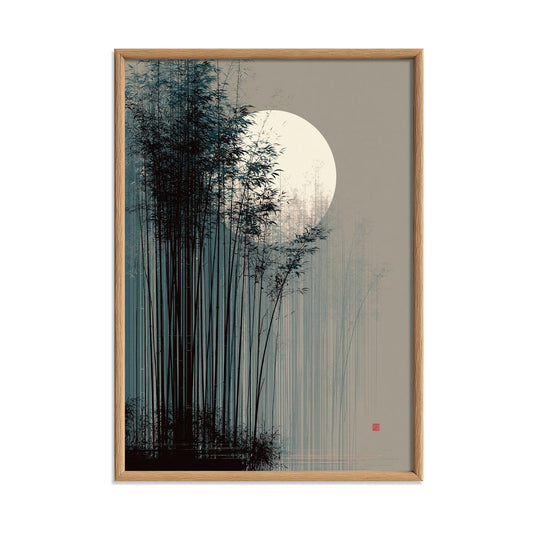 Japanese Bamboo Moon Print, Misty Bamboo Illustration, Zen Poster
