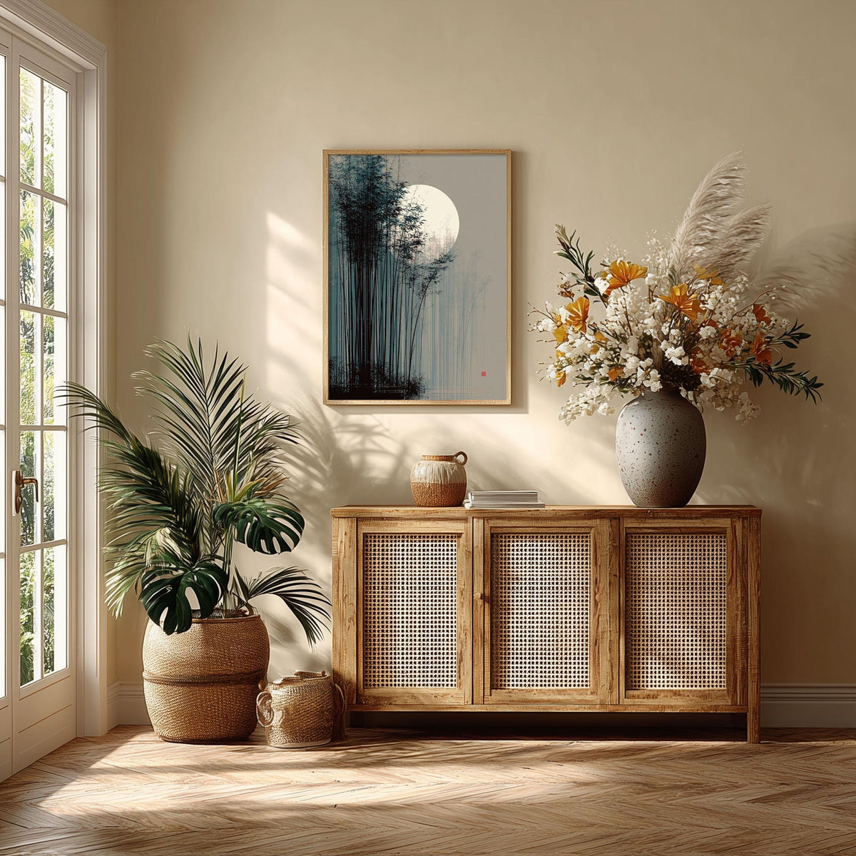 Japanese Bamboo Moon Print, Misty Bamboo Illustration, Zen Poster