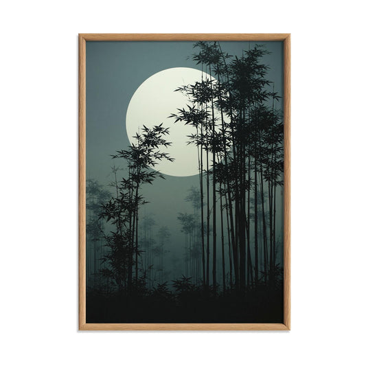 Bamboo Forest Japanese Poster, Full Moon Picture, Dark Zen Art Print