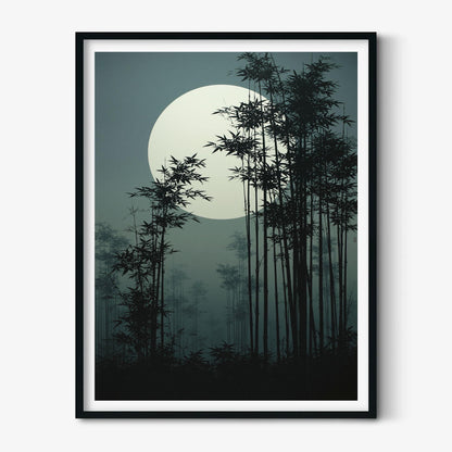 Bamboo Forest Japanese Poster, Full Moon Picture, Dark Zen Art Print