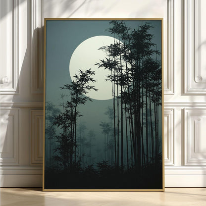 Bamboo Forest Japanese Poster, Full Moon Picture, Dark Zen Art Print