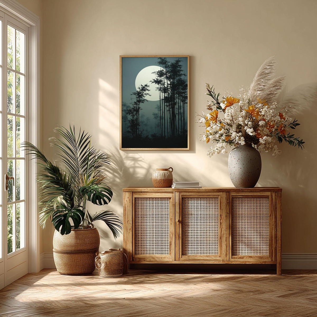 Bamboo Forest Japanese Poster, Full Moon Picture, Dark Zen Art Print