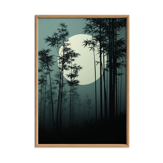 Japanese Bamboo Forest Poster, Moonlit Bamboo Painting, Dark Zen Picture Print