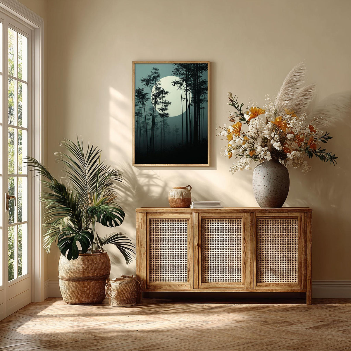 Japanese Bamboo Forest Poster, Moonlit Bamboo Painting, Dark Zen Picture Print