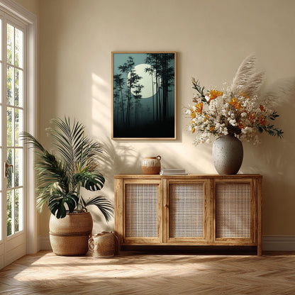 Japanese Bamboo Forest Poster, Moonlit Bamboo Painting, Dark Zen Picture Print