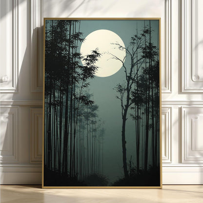 Bamboo Forest Japanese Print, Moonlit Bamboo Picture, Dark Zen Poster