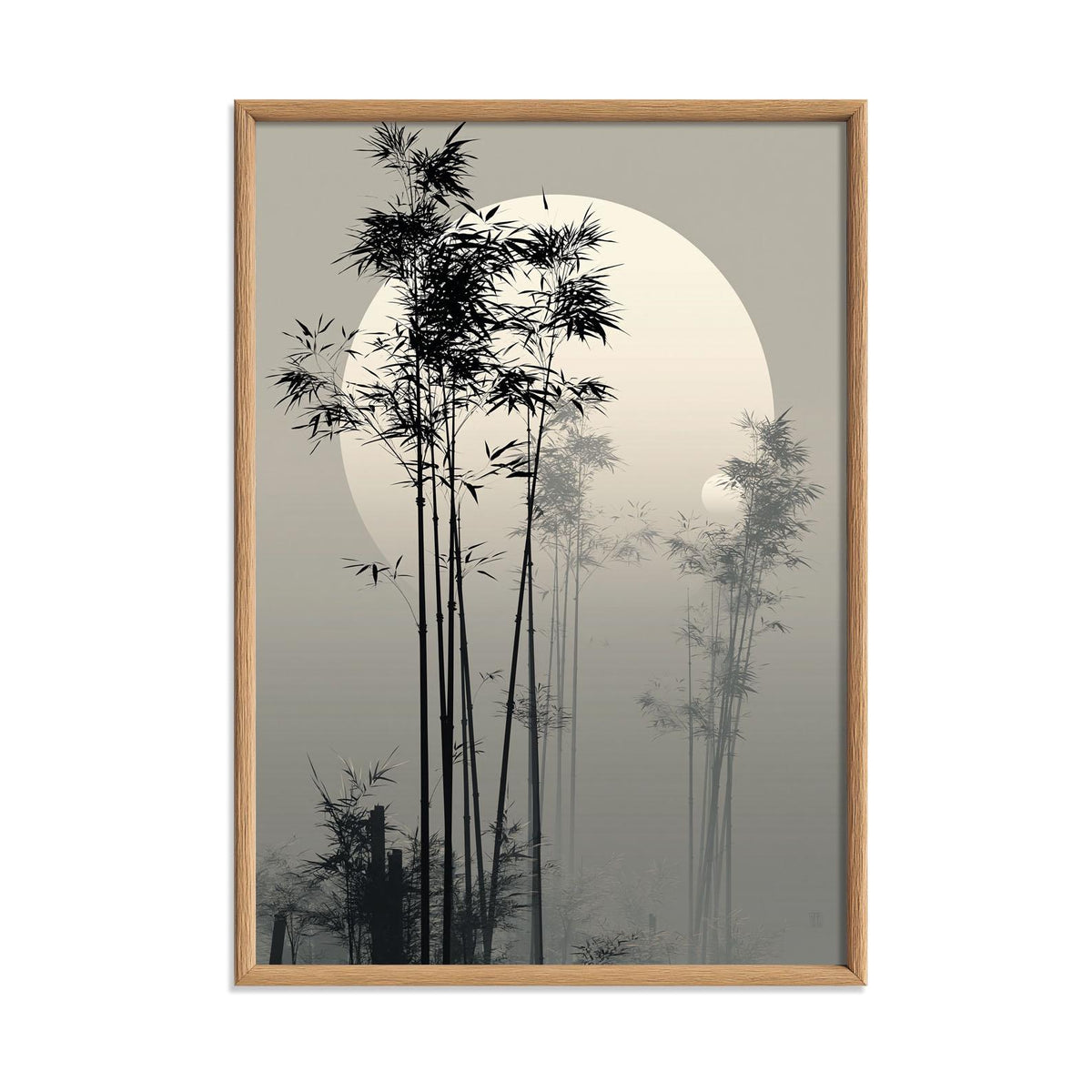 Bamboo Moon Japanese Poster, Misty Bamboo Wall Art, Zen Landscape Painting