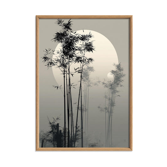Bamboo Moon Japanese Poster, Misty Bamboo Wall Art, Zen Landscape Painting