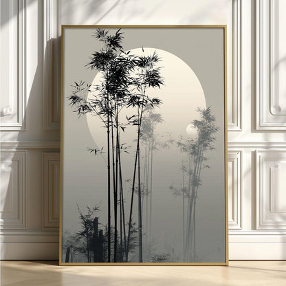 Bamboo Moon Japanese Poster, Misty Bamboo Wall Art, Zen Landscape Painting