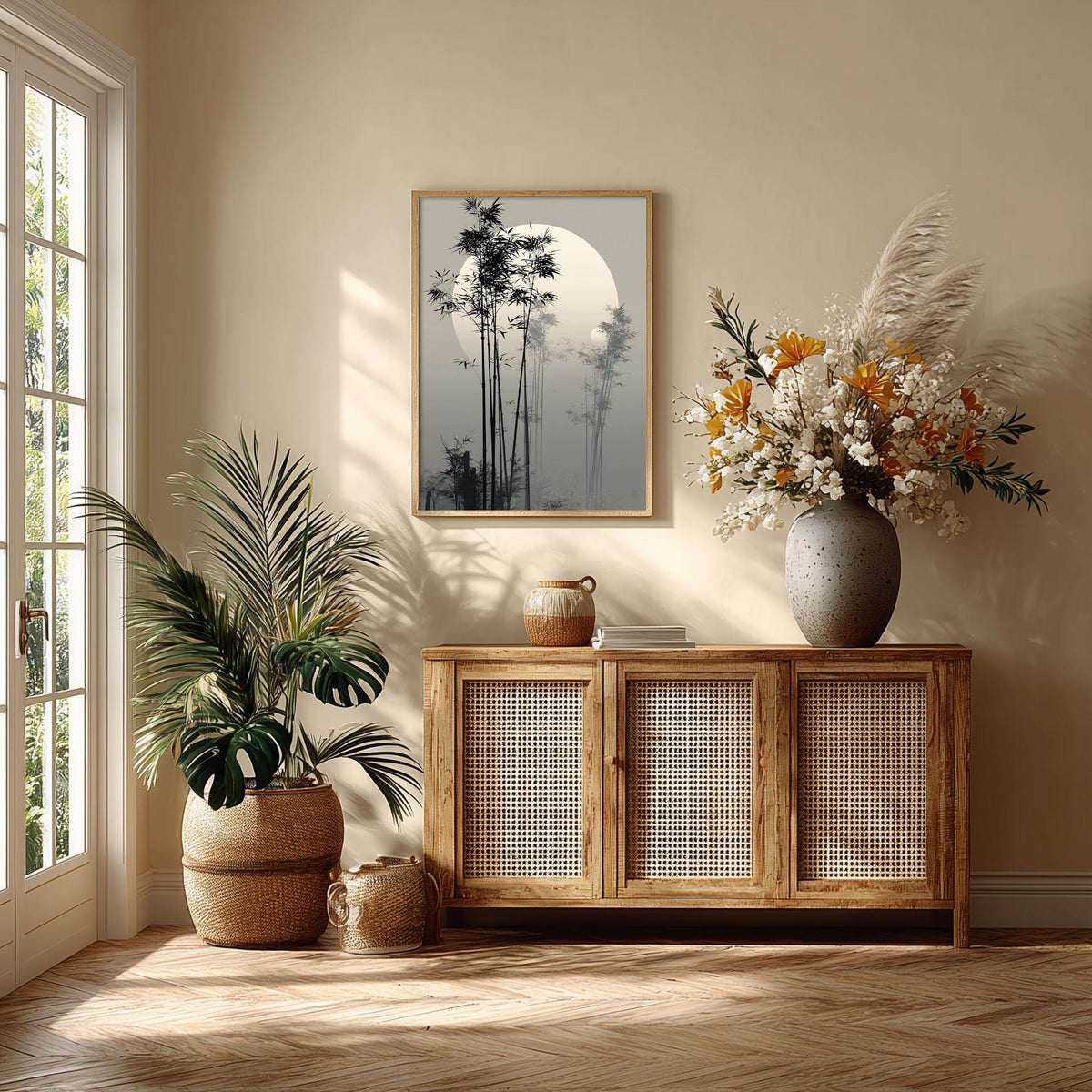 Bamboo Moon Japanese Poster, Misty Bamboo Wall Art, Zen Landscape Painting