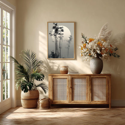 Bamboo Moon Japanese Poster, Misty Bamboo Wall Art, Zen Landscape Painting