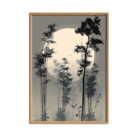 Japanese Bamboo Forest Poster, Misty Moon Illustration, Asian Picture