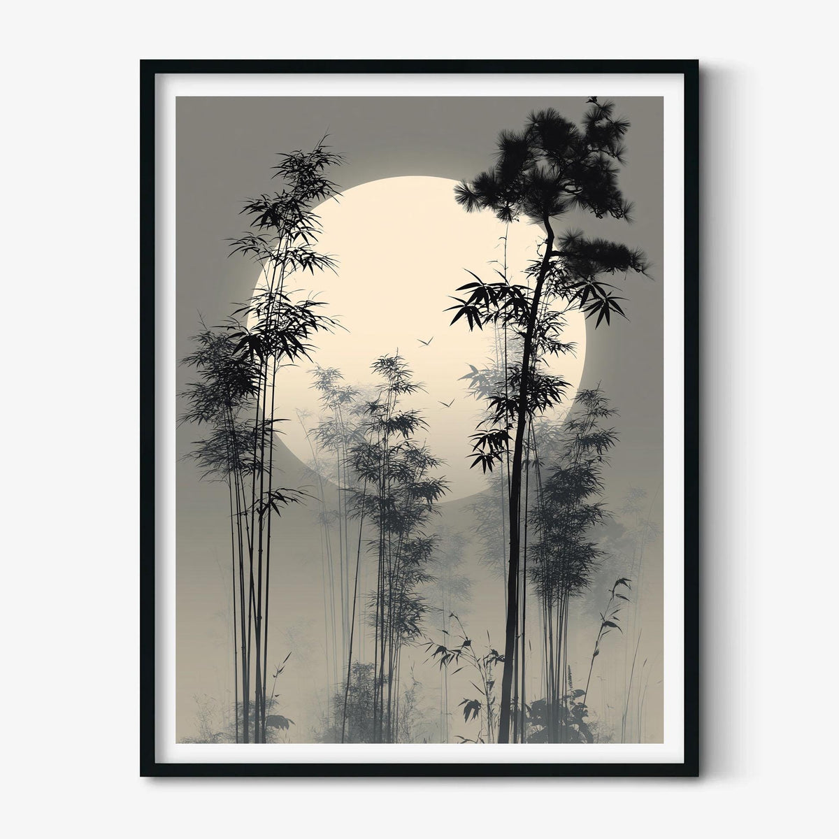 Japanese Bamboo Forest Poster, Misty Moon Illustration, Asian Picture