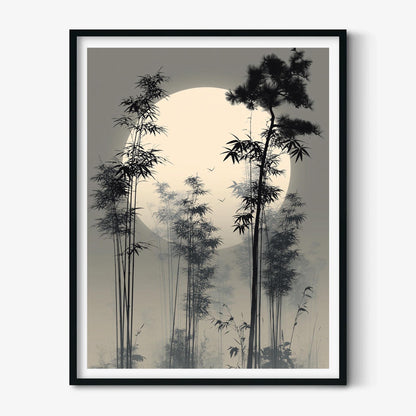 Japanese Bamboo Forest Poster, Misty Moon Illustration, Asian Picture