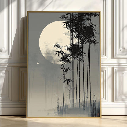 Bamboo Moon Japanese Poster, Misty Bamboo Illustration, Grey Zen Picture Print