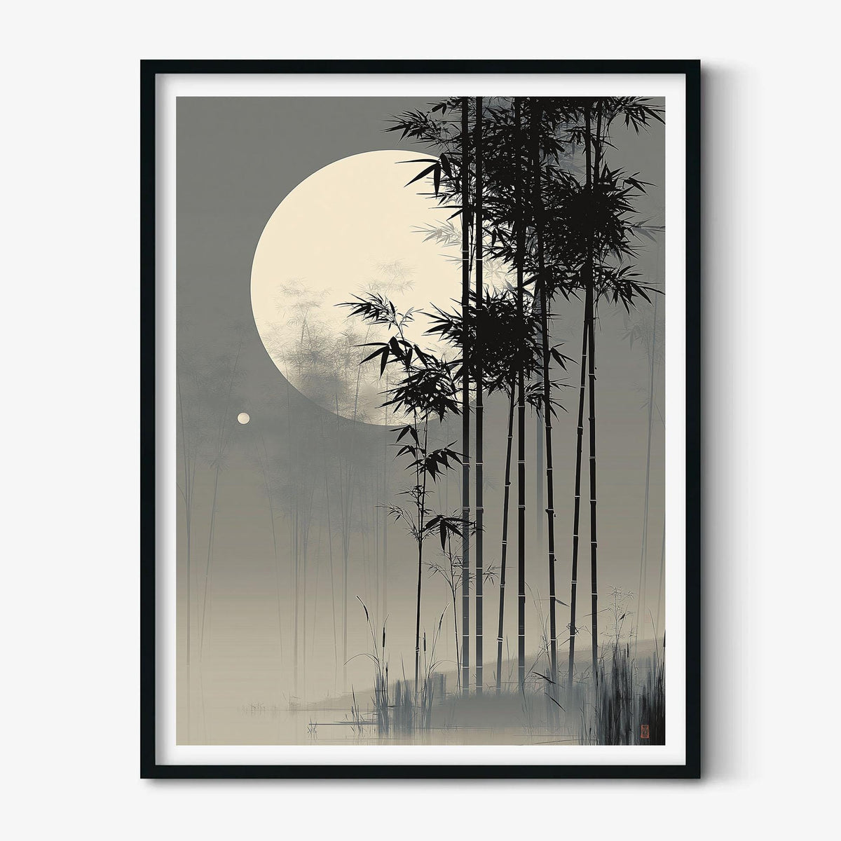 Bamboo Moon Japanese Poster, Misty Bamboo Illustration, Grey Zen Picture Print