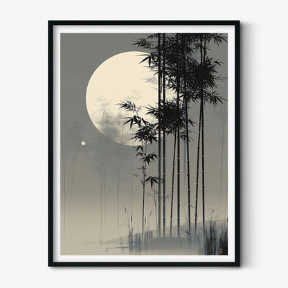 Bamboo Moon Japanese Poster, Misty Bamboo Illustration, Grey Zen Picture Print
