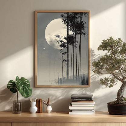 Bamboo Moon Japanese Poster, Misty Bamboo Illustration, Grey Zen Picture Print