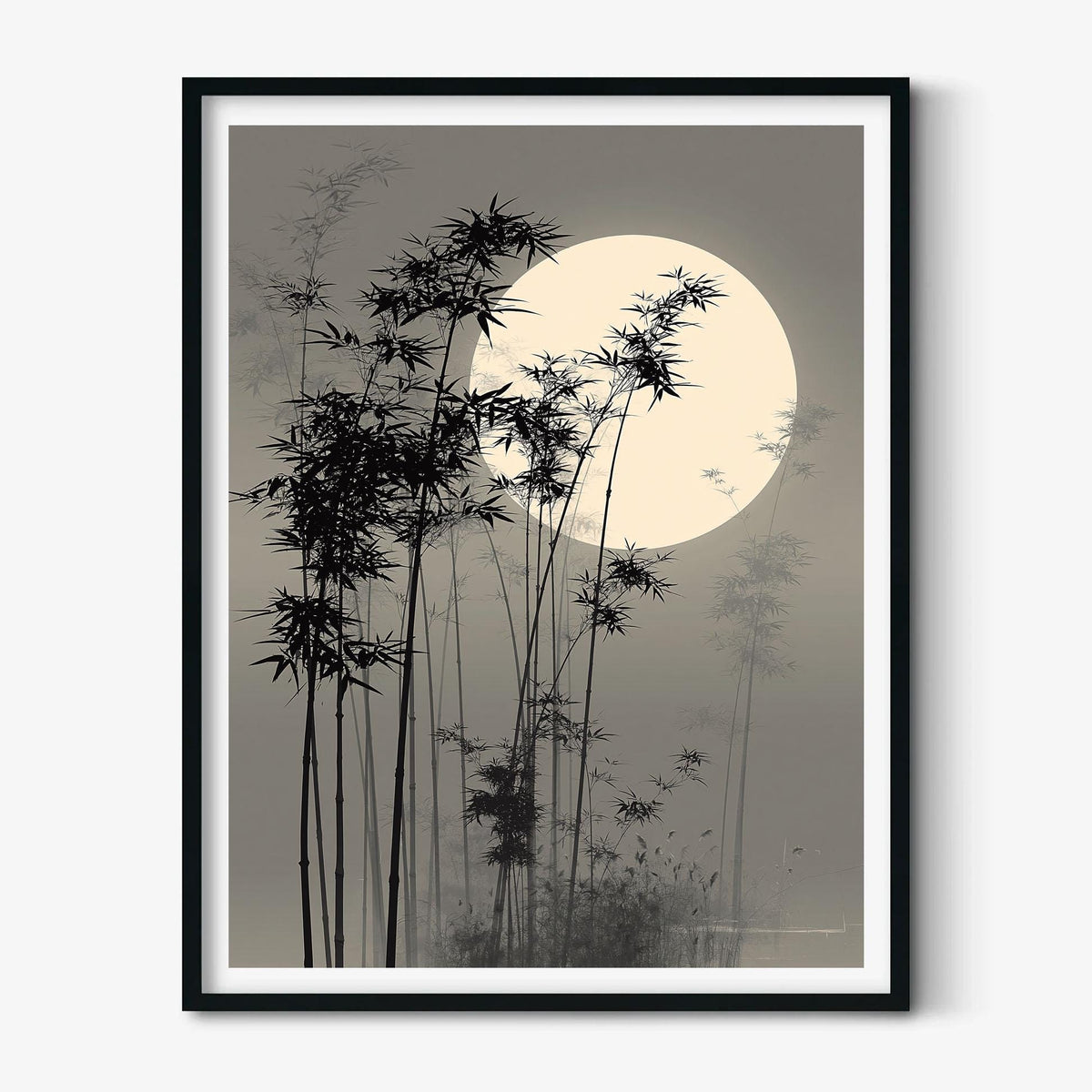 Misty Bamboo Moon Japanese Wall Art Print, Zen Landscape Painting