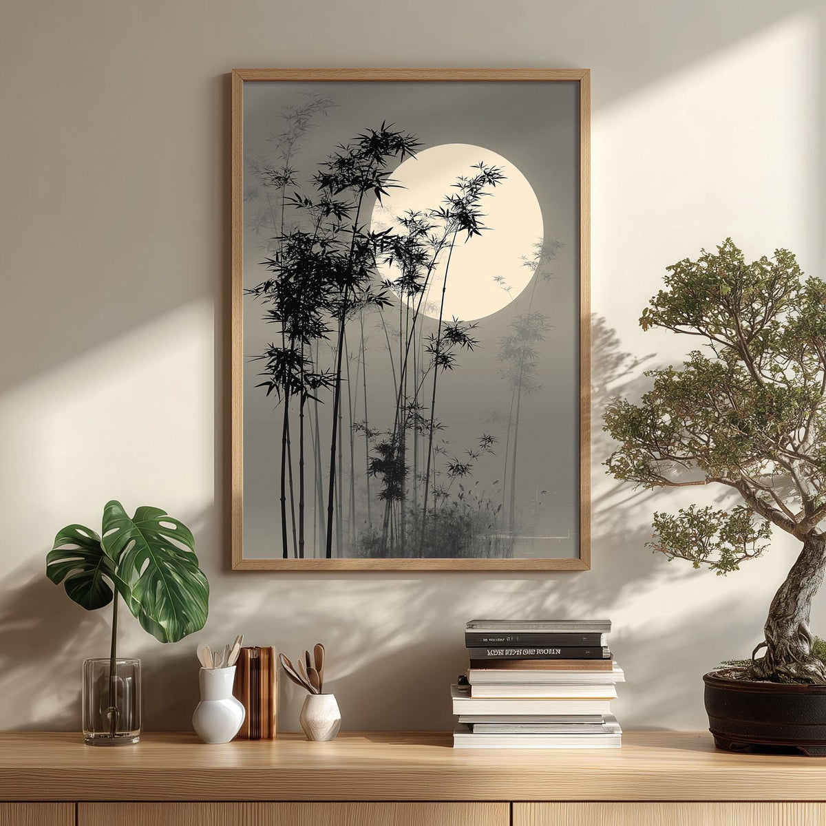 Misty Bamboo Moon Japanese Wall Art Print, Zen Landscape Painting