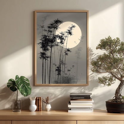Misty Bamboo Moon Japanese Wall Art Print, Zen Landscape Painting