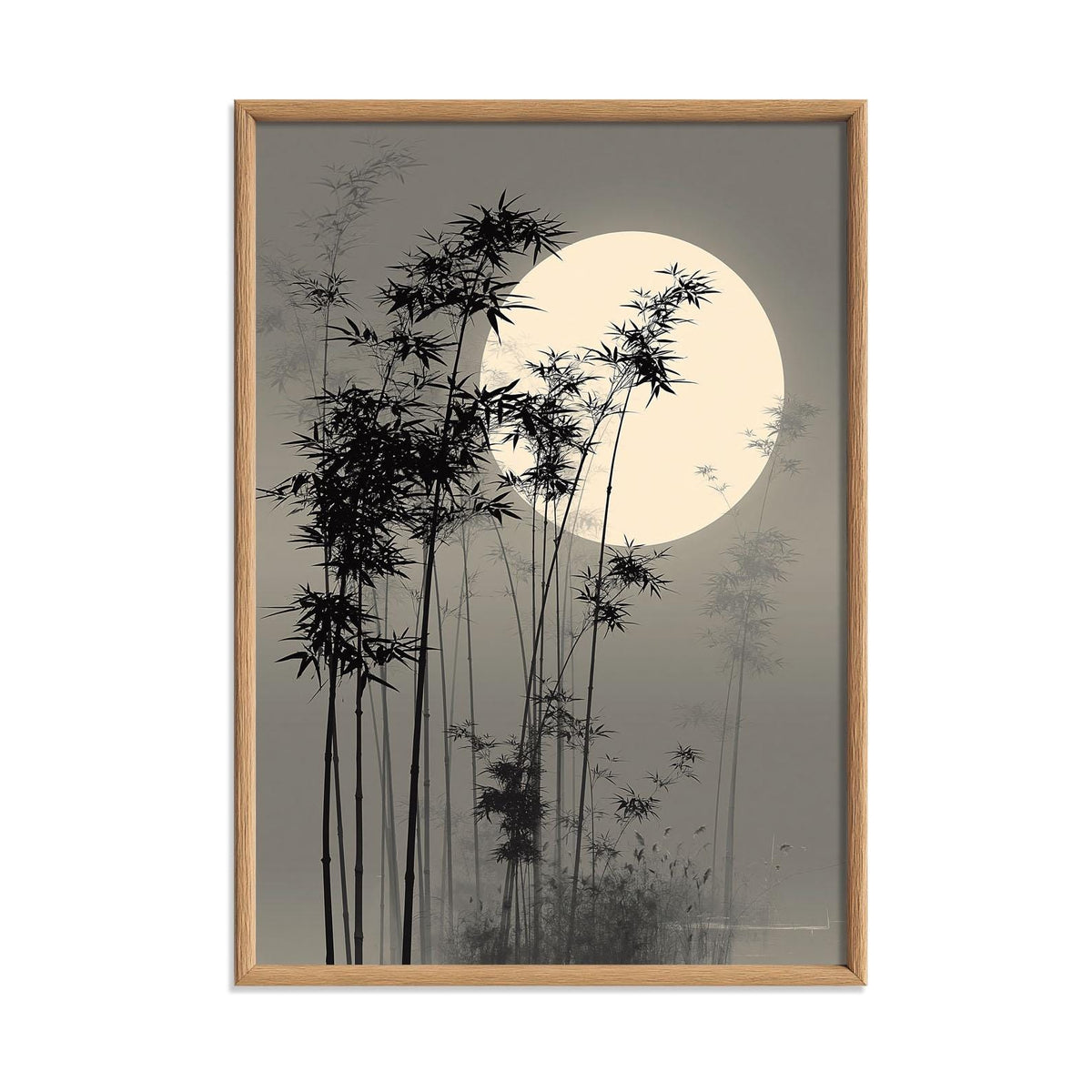 Misty Bamboo Moon Japanese Wall Art Print, Zen Landscape Painting