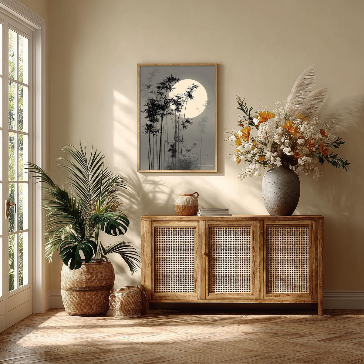 Misty Bamboo Moon Japanese Wall Art Print, Zen Landscape Painting