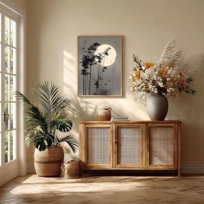Misty Bamboo Moon Japanese Wall Art Print, Zen Landscape Painting