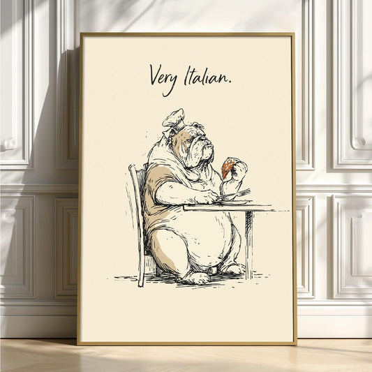 Bulldog Chef Italian Poster, Funny Pizza Illustration, Kitchen Wall Art