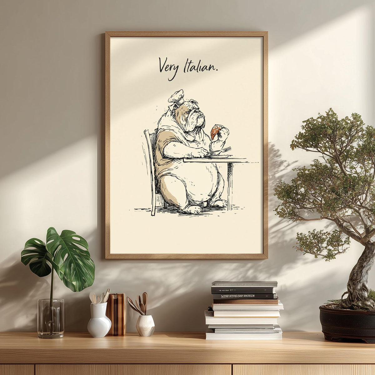 Bulldog Chef Italian Poster, Funny Pizza Illustration, Kitchen Wall Art