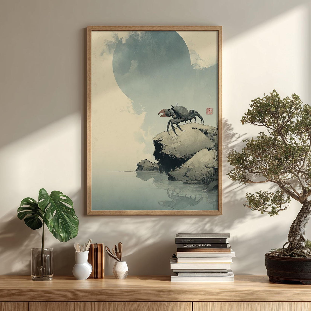 Crab Japanese Poster, Moonlit Coastal Illustration, Minimal Ocean Print