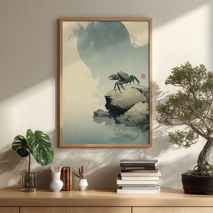 Crab Japanese Poster, Moonlit Coastal Illustration, Minimal Ocean Print