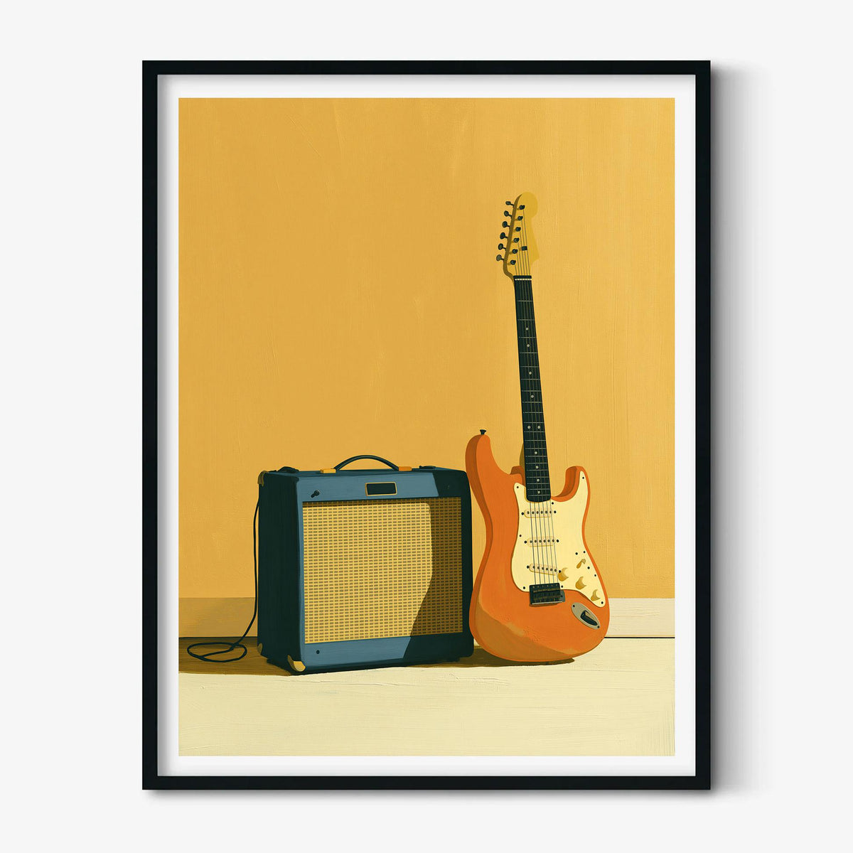 Retro Guitar Amp Poster, Yellow Music Illustration, Rock Room Picture Print